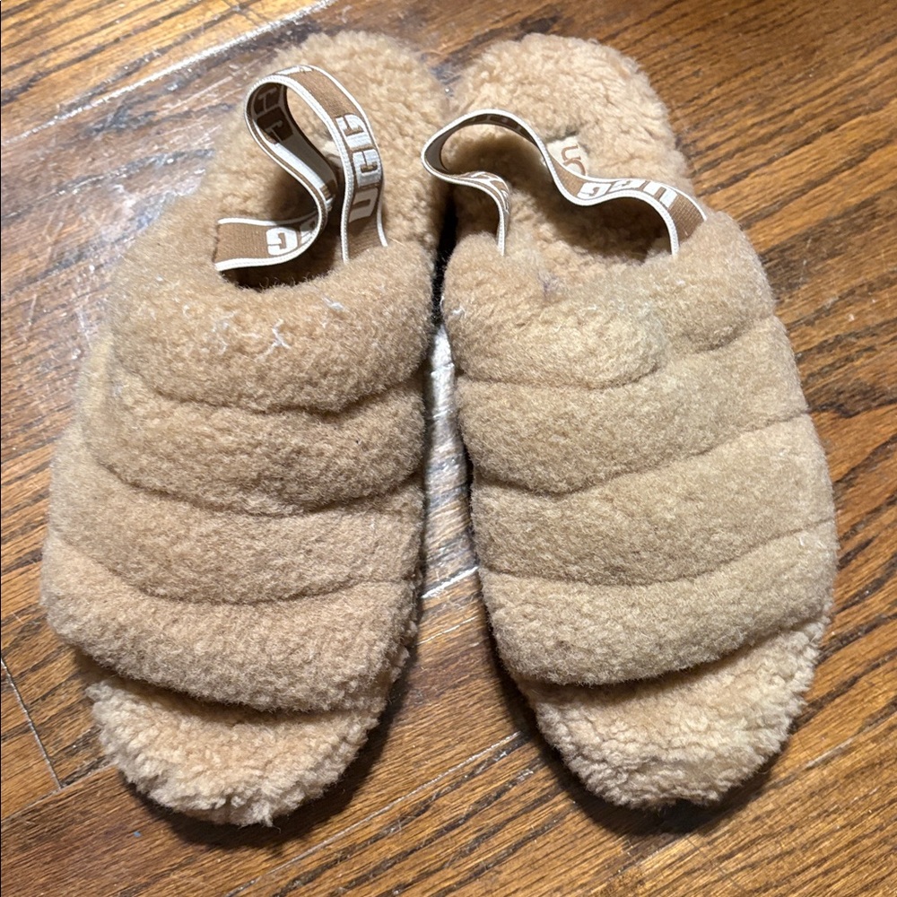 UGG Beige Fuzzy Slide Slippers